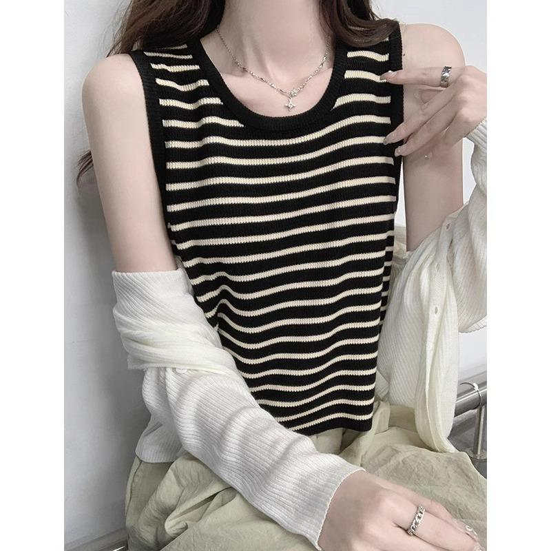 Summer New Style French Striped U-neck Ice Silk Thin Vest Suspender Women's Slimming Knitted Sleeveless Top