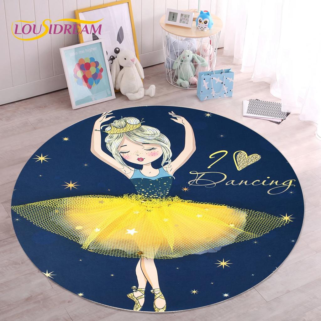 Cute Ballet Girl Ballerina Fairy Unicorn Cartoon Round Area Carpet Rug for Living Room Bedroom Kids Decor,Pet Area Rug Non-slip