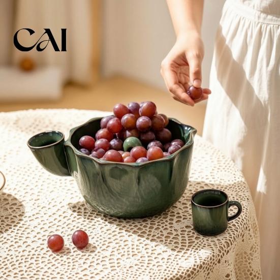 Small Tomato Cleaning Basin Ceramic Berry Washing Bowl, with Side Pouring Spout And Drain Fruit Colander Bowl Holes Design, Self Spinning Strainer,