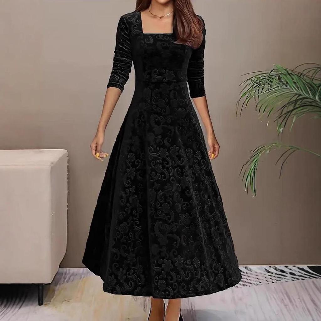 Elegant Embossed Long Sleeve Square Neck Dress - Women's Autumn/Winter Fashion