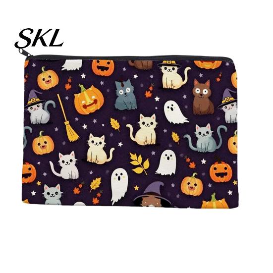 Spill-proof Zippered Travel Bag Halloween Storage Bag, with Pumpkin Ghost Print, Durable Canvas Castle Makeup Pouch Large Capacity Pouch, for