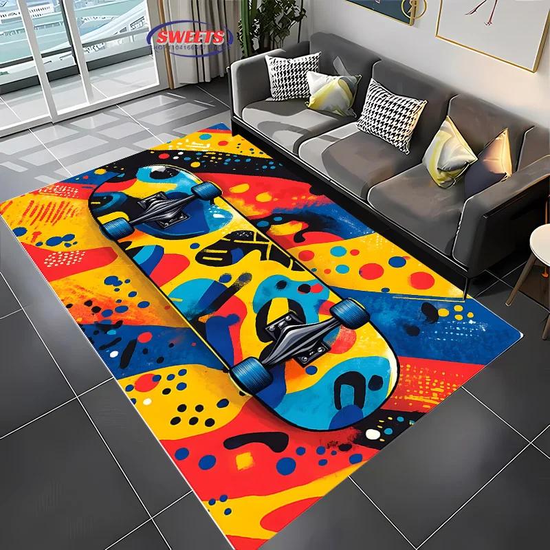 1 Stück Junge Mode Skateboard Print Bereichsteppich, Teppich für Zuhause Wohnzimmer Kinderzimmer Sofa Dekor, Kinder Spiel Rutschfeste Bodenmatte