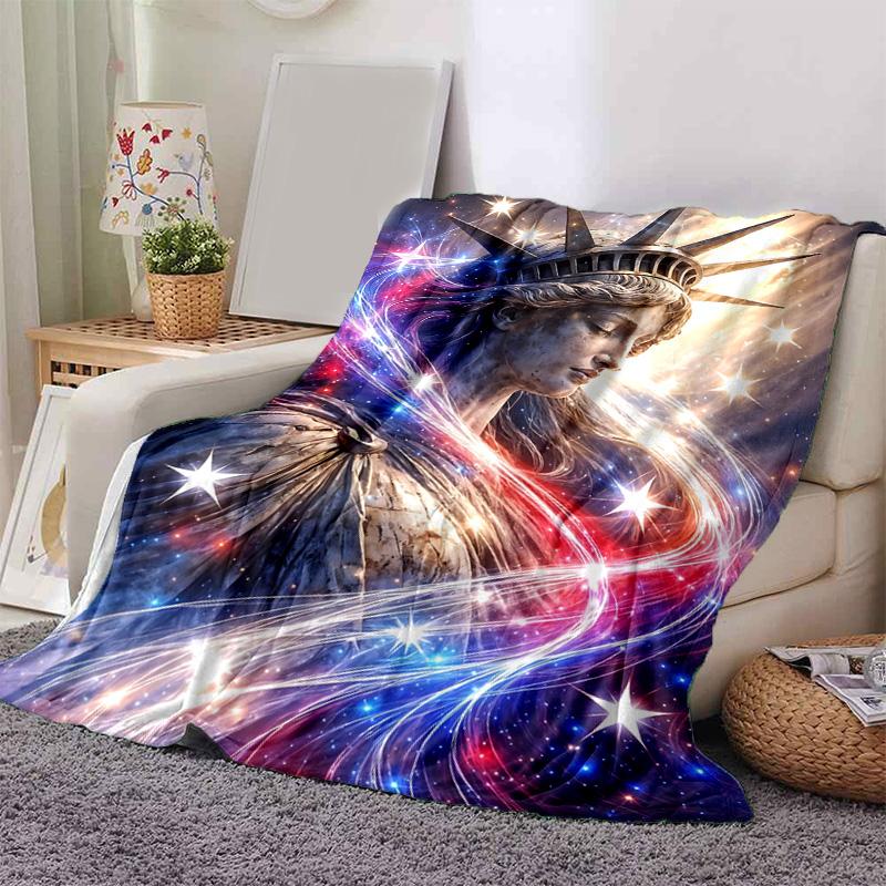 1pc Statue Liberty Stars Flannel Blanket Soft Warm Throw Blanket for Bedroom Living Room Bed Travel Camping Picnic Gift. M07220169