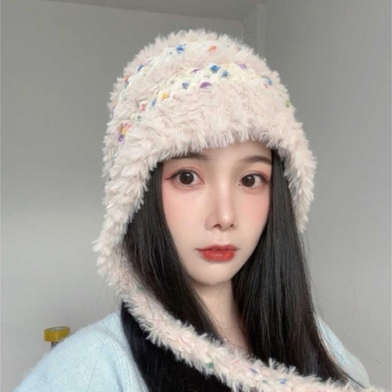 Sweet and Cute Color Dot Ear Protection Hat Children 2025 New Winter Warm and Cold Plush Hat Showing Face Small Bag Head Hat