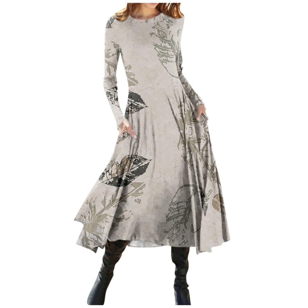Robe décontractée à manches longues pour femmes, pull imprimé à col rond, coupe ajustée