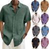 Mens Short Sleeve Linen Blend Solid Color Casual Button Down Shirt