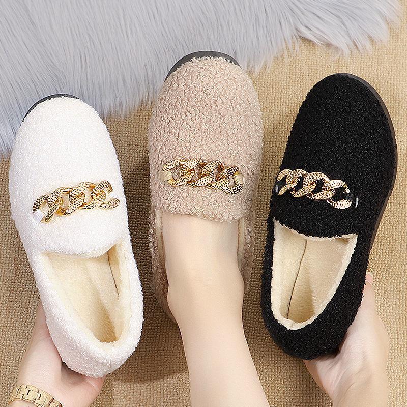Hairy Shoes Women's Flat Bottomed Versatile Cotton Shoes Extra Velvet Shoes Autumn and Winter Warm Shoes