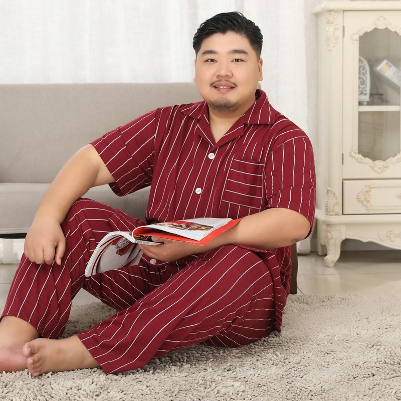 Mei Ji Yun Men's Cotton Lapel Pajama Set - Short Sleeve, Long Pants, Plus Size