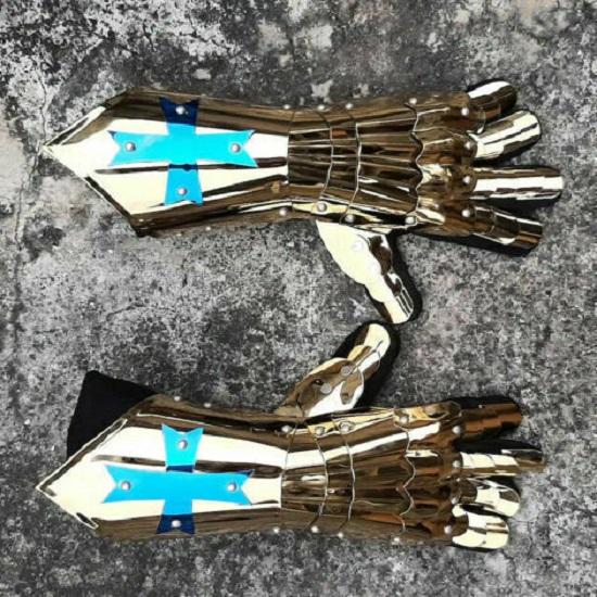 Vintage Medieval Knight Gloves Gauntlets Steel Gothic Golden Finish 18 Gauge
