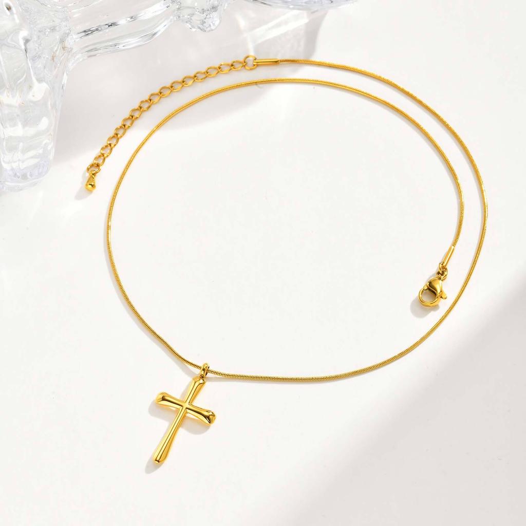 Vnox Compact Cross Pendant Necklace For Women, Stainless Steel Gold Color Religion Charm Choker Jewelry Lucky Gift
