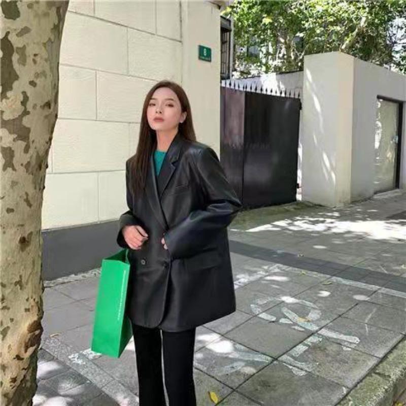 

Черный утолщенный кожаный пиджак-блейзер женский осенне-зимний новый кожаный мотоциклетный наряд женский пиджак пальто S 80-52.5 kg