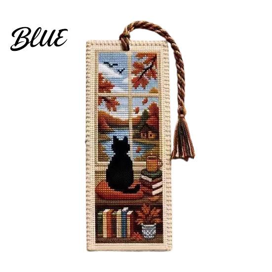 Cross-stitch Bookmark Seasonal Cat Cross-Stitch Bookmark Four Seasons Black with Artistic Braided Rope Handcrafted Book Page Marker for Lovers