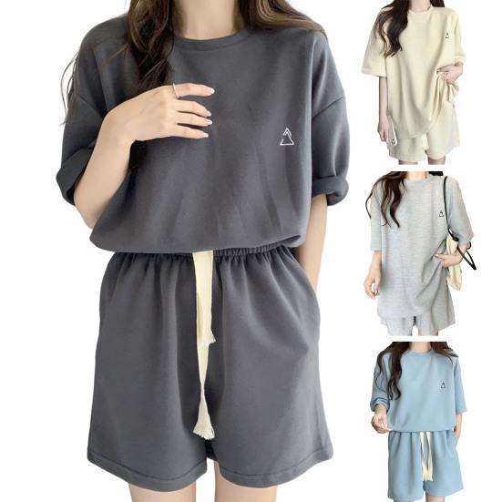 2 ks/sada O-neck s krátkým rukávem Ležérní outfit Elastický pas Kapsy se stahovací šňůrkou Dámské Jednobarevné tričko Široké nohavice Set Streetwear