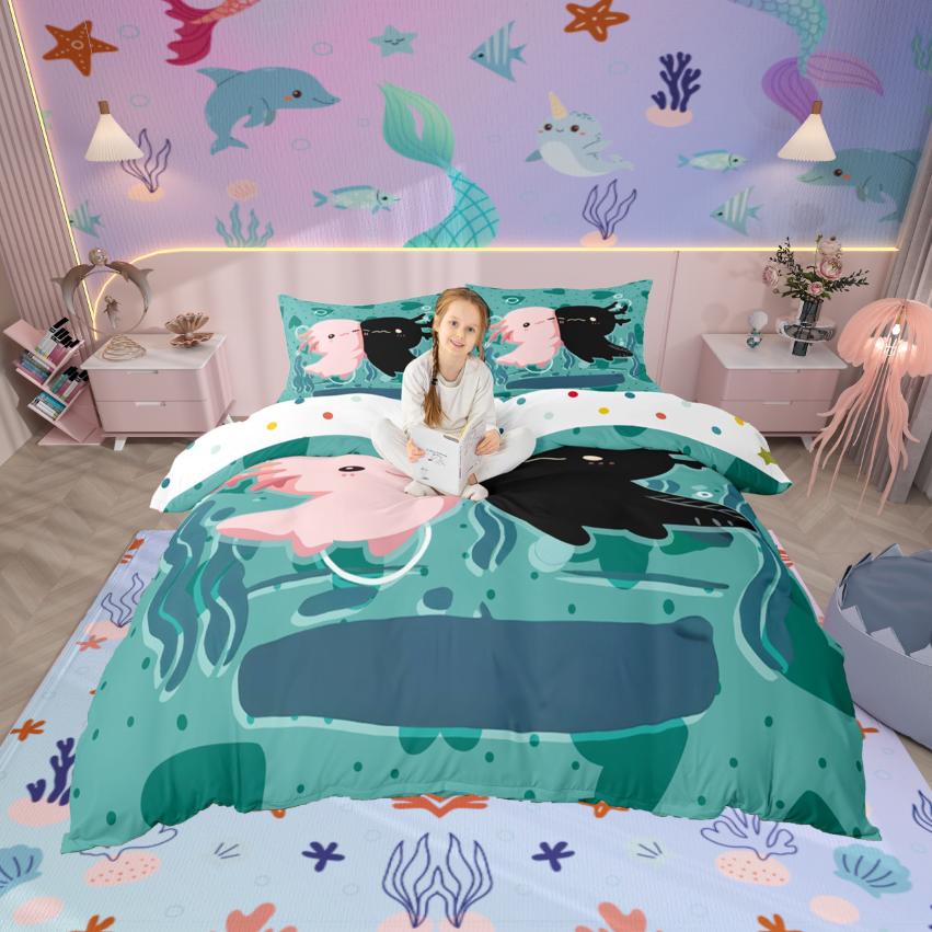 Homewish Lindo Juego de Funda Nórdica de Sirena de Dibujos Animados Juego de Funda de Edredón de Animales Marinos del Océano Juego de Cama de Concha de Coral Acuarela Para Niñas