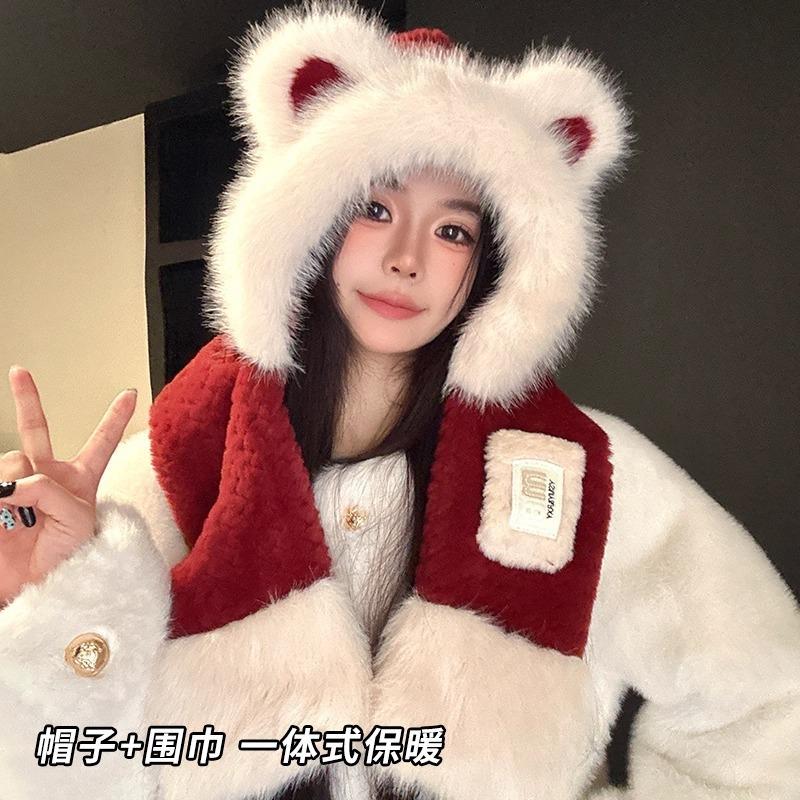 Angola red plush bear hat women's winter new autumn and winter thickened warm scarf gloves integrated