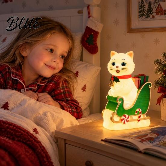 Christmas Cat Night Light Sleigh Light Synthetic Resin Decorative LED Indoor Party Decor USB Powered Lighted Figurine for Festive Holiday Cute Animal