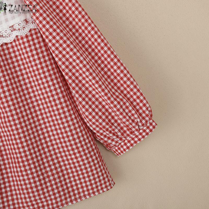 ZANZEA Women Casual Patchwork Round Neck Loose Long Sleeve Plaid Blouse