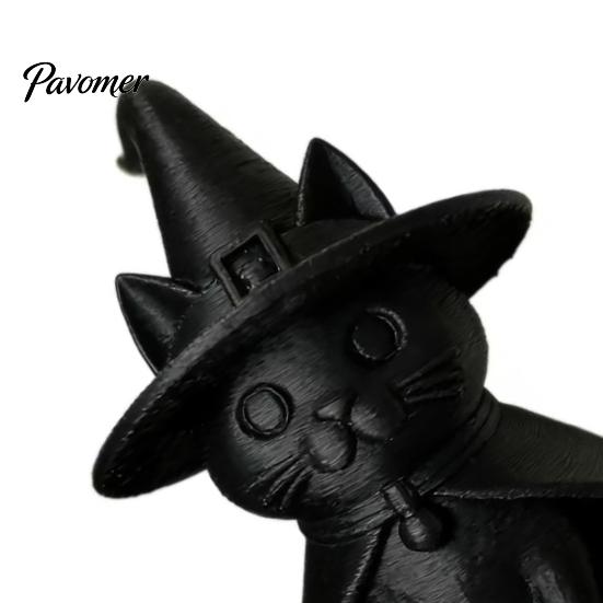 Dark Cute Halloween Table Decor Gothic Witch Hat Black Cat Figurine, 3D Printed Wizard Cloak Kitten Collectible Figure for Shelves Statue, Spooky
