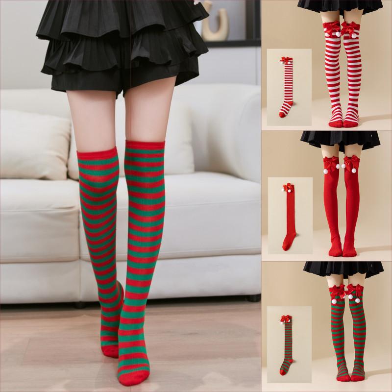 Women Socks New Year Gift Striped Christmas Decorations High Socks Cotton Long Stockings Girls Striped Knee Socks