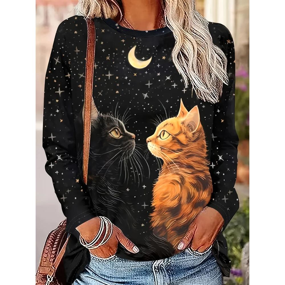 New 3D Cat Print Women's Fall Fashion Comfortable Long-sleeved T-shirt Daily Casual Women's Round Neck T-shirt