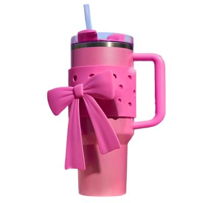 Water Cup Boot Sleeve for Quencher Adventure Tumbler 40oz DIY Decoration Reusable Silicone Bottle Cover with Bow Decoration Carrying Handle Strap