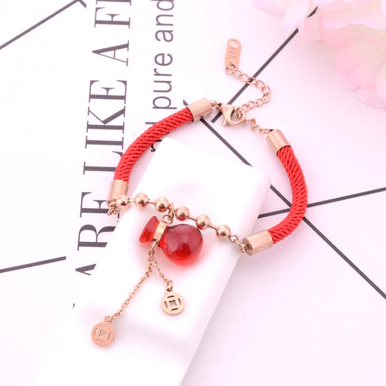 Zodiac Lucky Money Bag Titanium Steel Gold Gourd Red Rope Bracelet