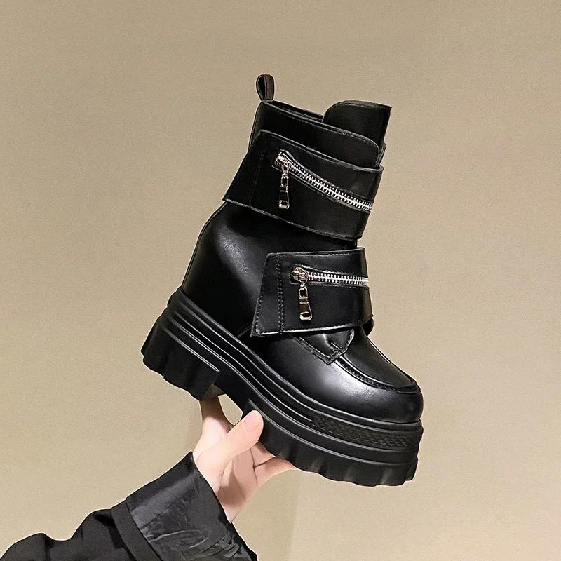Fashion Women's Leather Ankle Boots Autumn Winter 11CM Heels Sneakers Round Toe Short Boots Woman Zip Motorcycle Platform Botas 2024