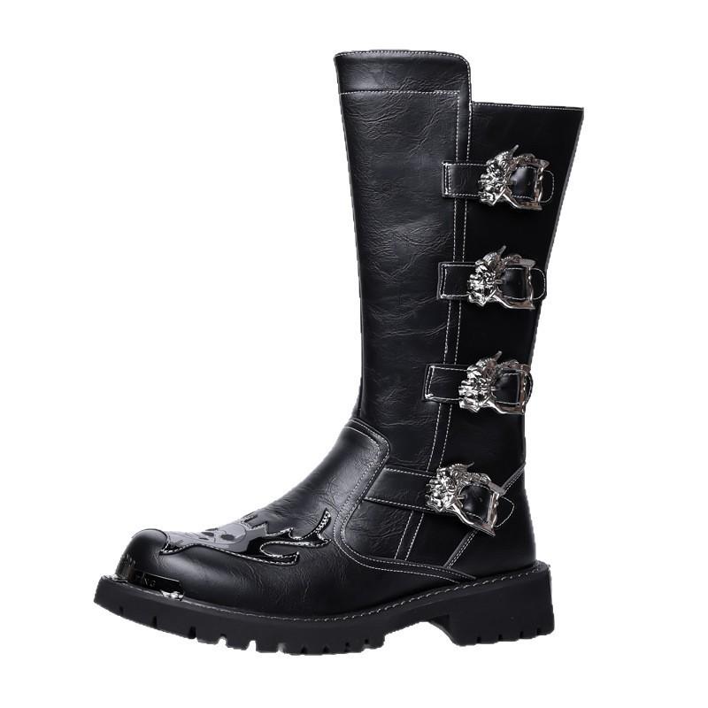 Large Size European Winter Martin Boots Men's High-top British Style Tooling Boots Riding Side Zipper Locomotive Leather Boots