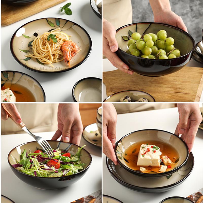 1Pc Vintage Bamboo Leaf Ceramic Bowl Salad Plate Exquisite Ceramic Cutlery Household Noodle Bowl Western Steak Cake Sushi Plate