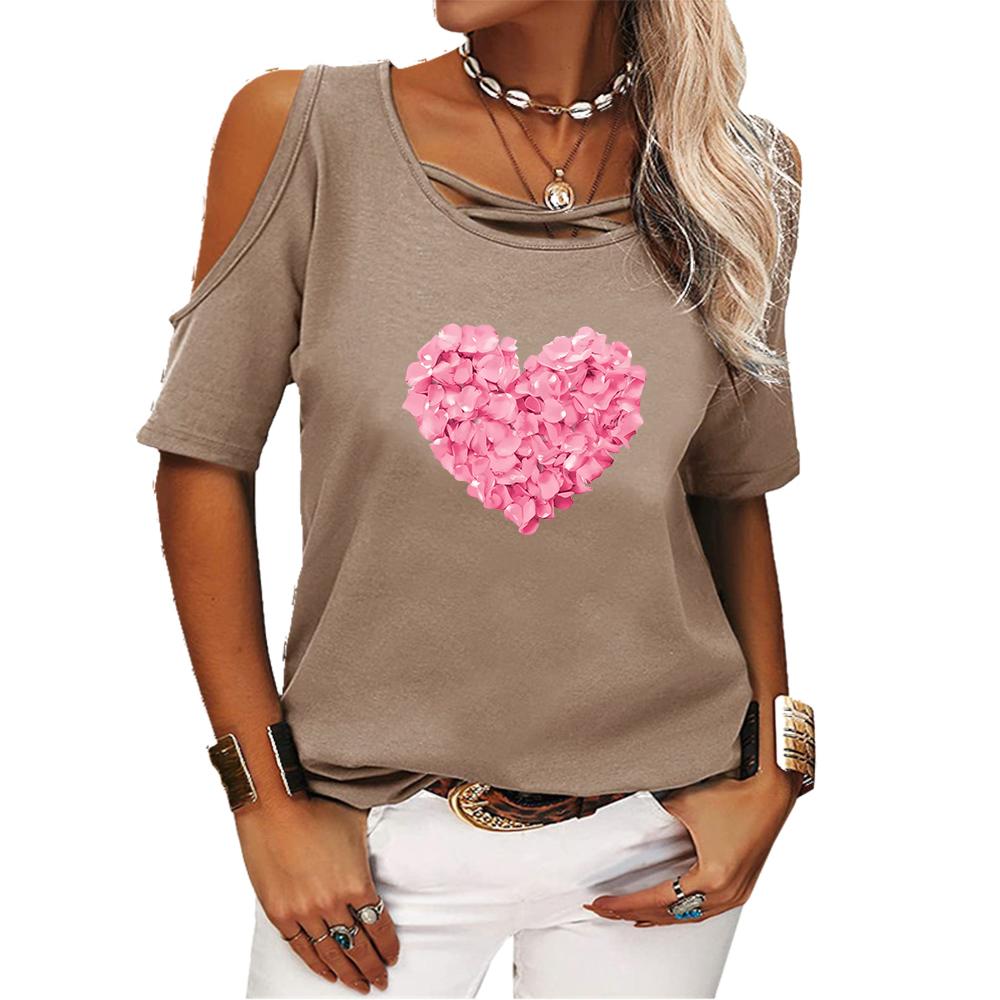Damenmode Schulterfreies Oberteil Sommer Druck Kurzarm T-Shirt Damen Lässig Rundhals T-Shirt