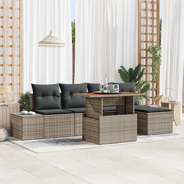 VidaXL Ensemble de Canapés de Jardin de 6 Pièces avec Coussins Gris Rattan Poly 3358687