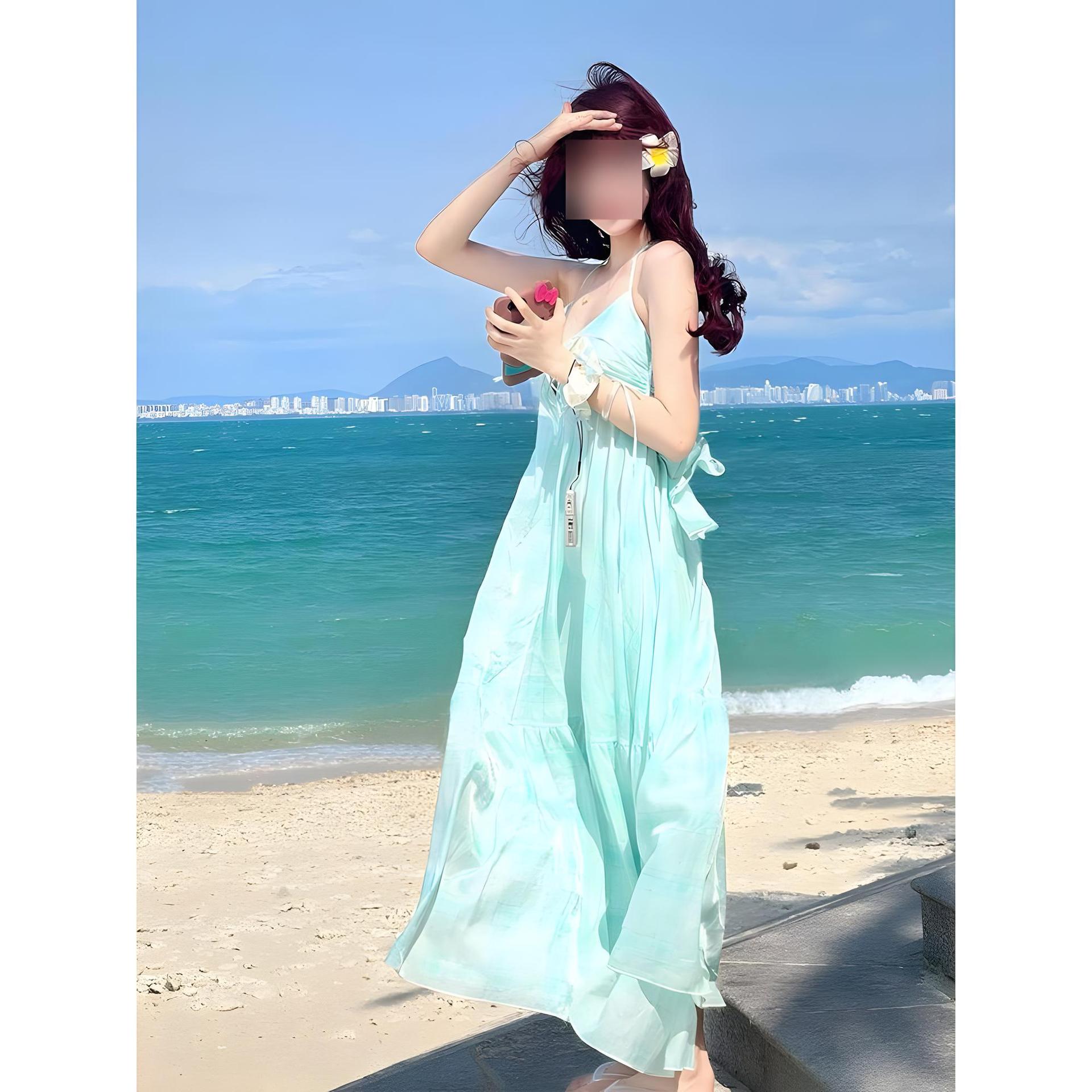 

Французское платье-слинг на шею женское летнее дофаминовое пляжное отпускное платье феи нежное с открытой спиной платье с большим подолом XL- (recommended 110-60kg)