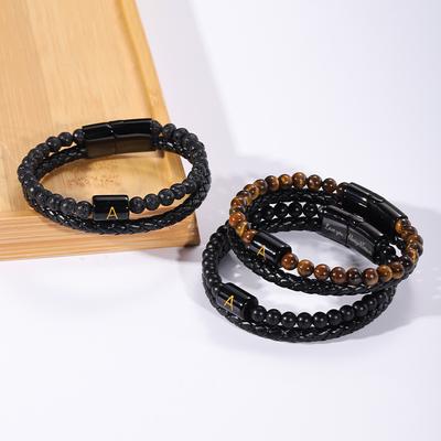Volcanic Stone Tiger Eye Stone Black Agate Bead Bracelet, Leather Bracelet, Letter Bracelet