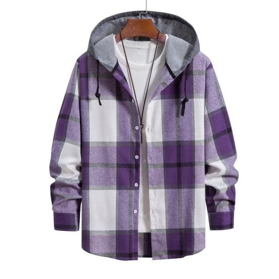Men Spring Autumn Hooded Drawstring Shirt Coat Long Sleeve Plaid Print Solid Color Patchwork Color Single Breasted Casual Coat