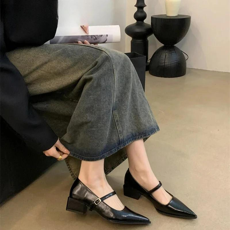 Retro Style Thick Heel Women Mary Jane Shoes Fashion Shallow Pointed Toe Ladies Comfort Office Pumps Footwear