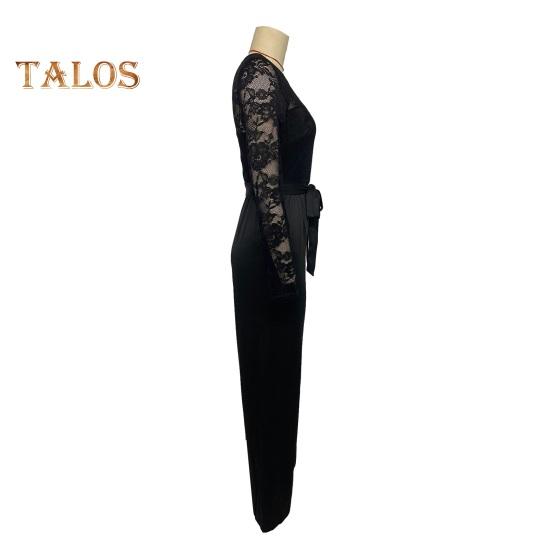 Γυναικεία Φόρμα Επίσημη Δαντέλα Μακρυμάνικη Παντελόνι Ευρύ Πόδι Ψηλόμεσο Ρομπέρ με Ζώνη Καλοκαιρινό Ολόσωμο Φόρμα