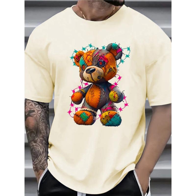 Men's Summer 100 Cotton Fashionable Casual Sports Loose Large Cartoon Teddy Bear Pattern Printed Round Neck Short Sleeve T-shirts