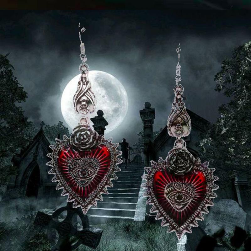 Dual Heart Rose Gothic Punk Earrings with Demon Eye and Bat Design
