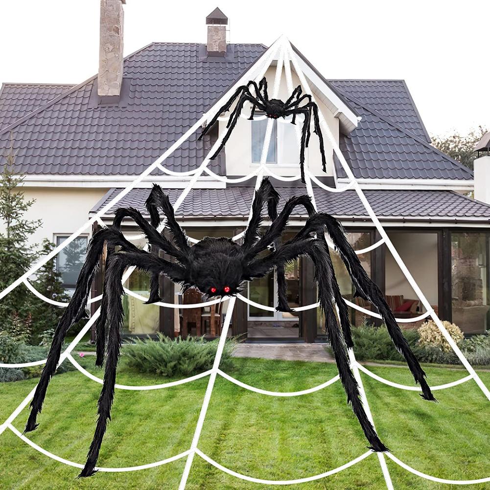 Halloween Decoration Giant Spider Triangular Mega Spider Web Realistic Large Hairy Spider Props Outdoor Party Decor Props Toy