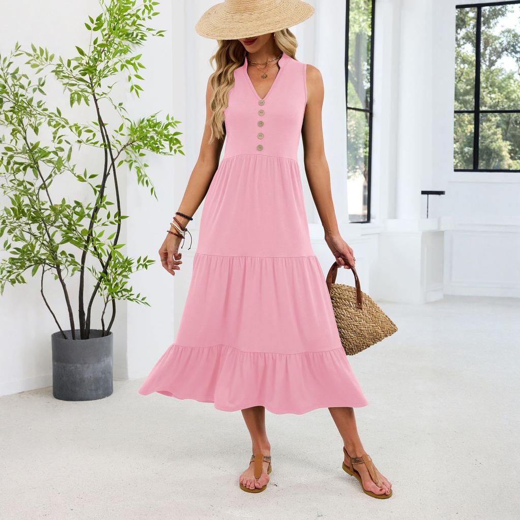 Women's Fashionable Color V-neck Button Sleeveless Long Pleated Loose Dress