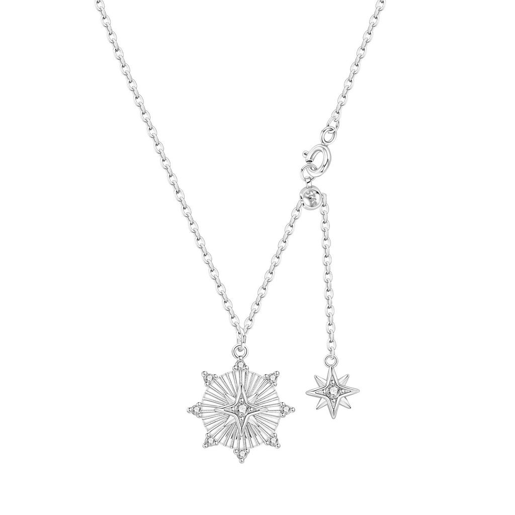 S925 Silver Fashion Star Moon Double Chain Drop Pendant Moon Octagram Zircon Fringe Necklace