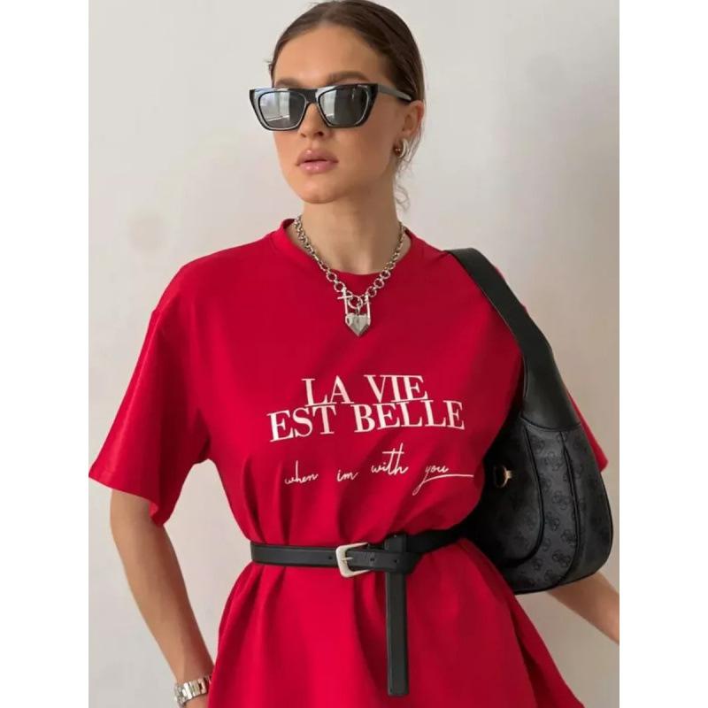 Fashion Women T-Shirt Summer American Ins Mid-length Temperament Print S