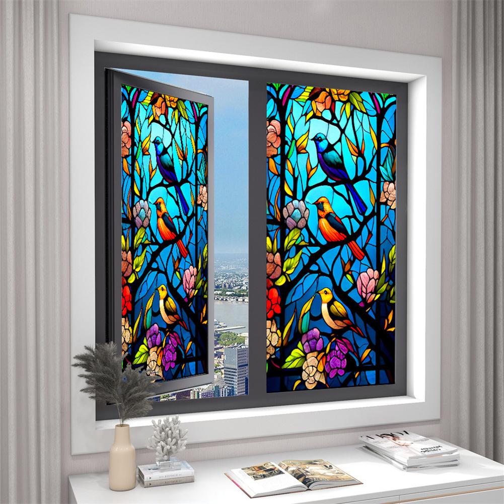 Bunte Blumen-Vogel-Buntglas-Fensterfolie, nicht klebend, UV-blockierend, Wärmeisolierung, dekorativ, statisch haftend