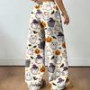 Women's Halloween Print Casual Wide Leg Pants with Drawstring Elastic Waist for Holiday Parties