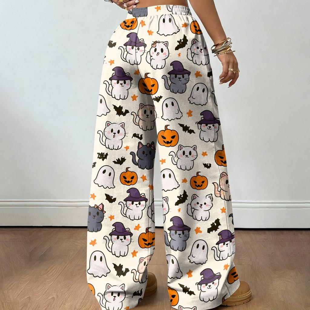 Women's Halloween Print Casual Wide Leg Pants with Drawstring Elastic Waist for Holiday Parties