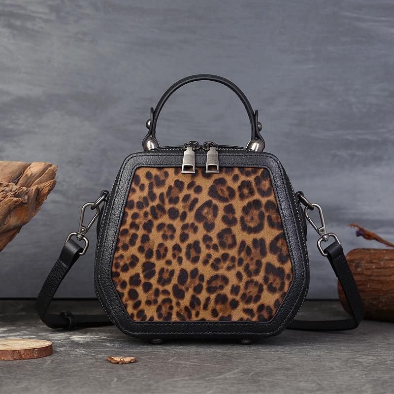 

Johnature Сумка-коробка в стиле ретро из натуральной кожи с конским волосом и леопардовым принтом, универсальные сумки через плечо коричневый