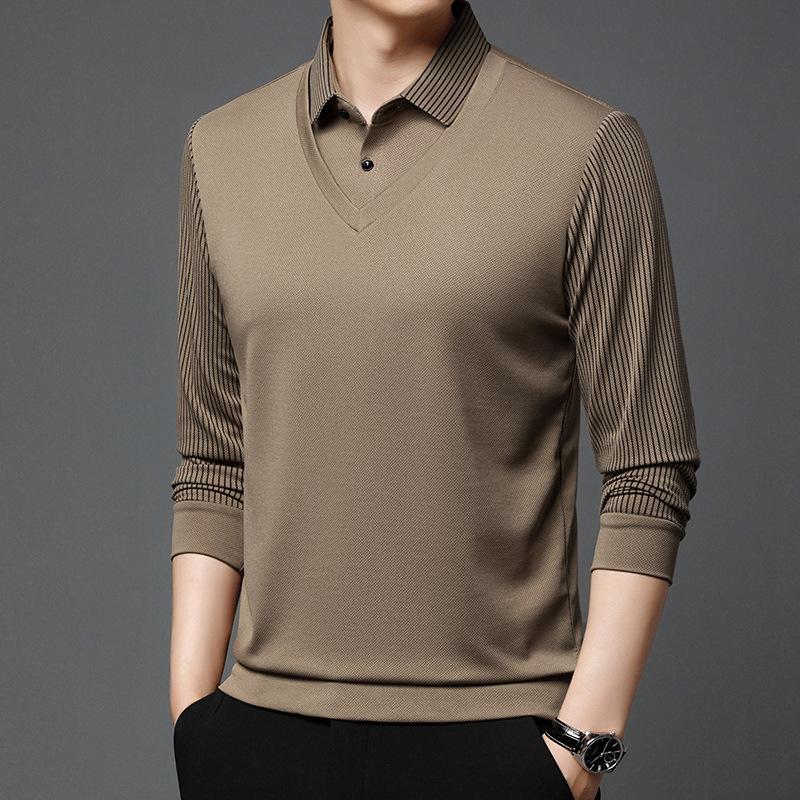 Men's Fake Two-piece Long-sleeved Polo Shirt with Elastic Fleece Thickened Lapel