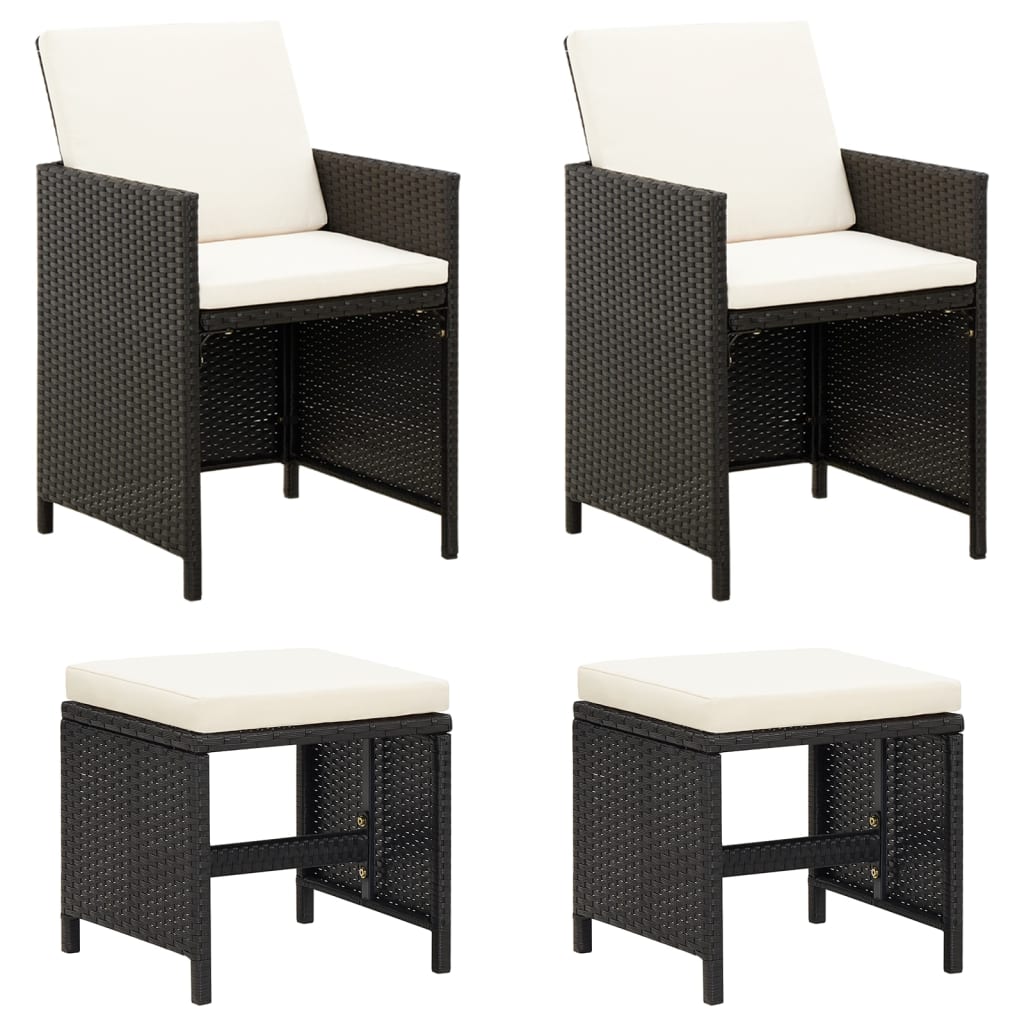 4 Piece Garden Chair and Footstool Set Poly Rattan Black