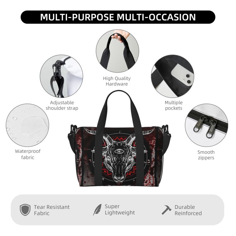 Pentagram with Demon Baphomet Satanic Goat Head Travel Duffel Bags Unisex Waterproof Carry on Luggage Bag Weekend Overnight Bag