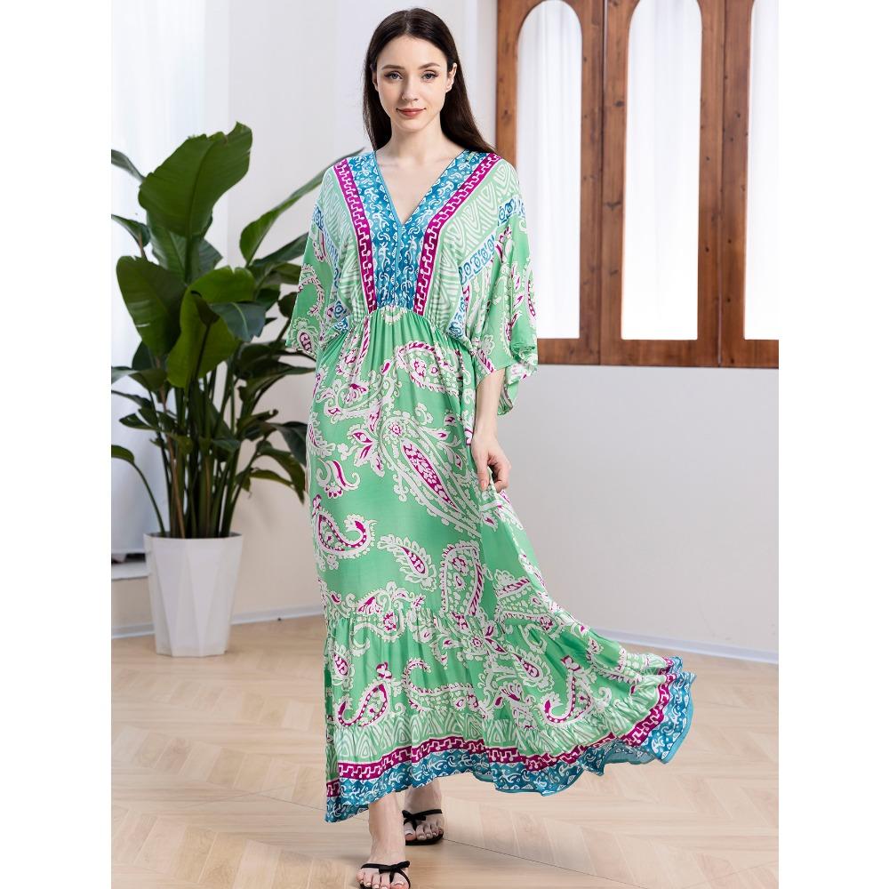 Plus Size Boho Kaftan Dress, Women's Plus Maxi Cover Up Dress